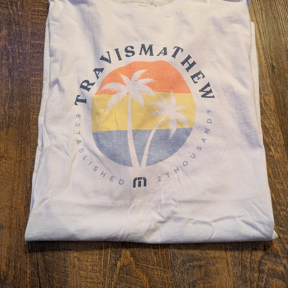 TravisMathew White Short Sleeve Tee with Orange Yellow Blue Palm Print